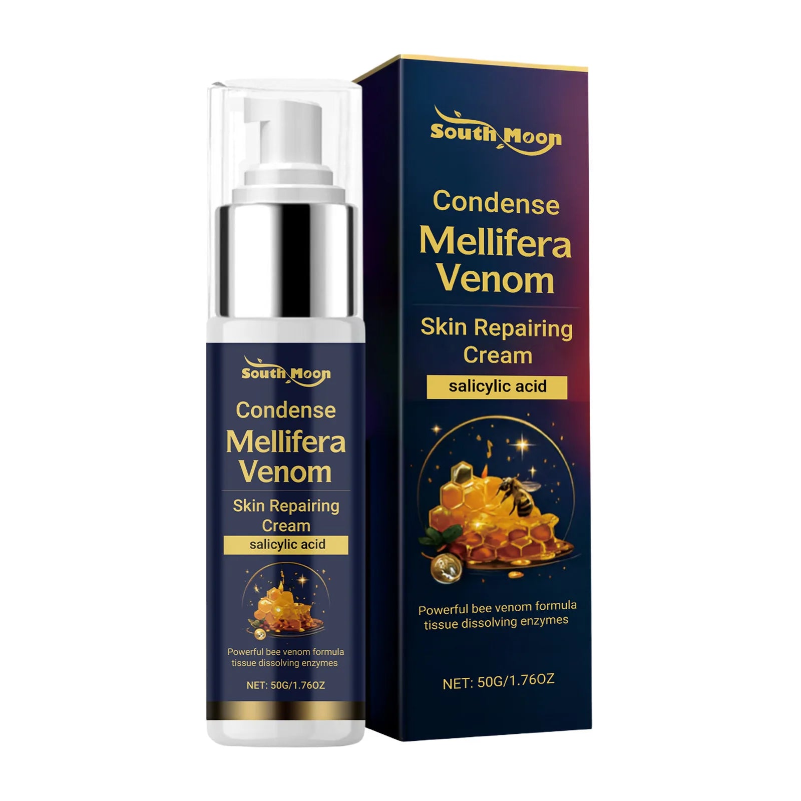 Bee venom skin repairing cream in a blue pump bottle and box, featuring honeycomb and salicylic acid imagery. 50g size.