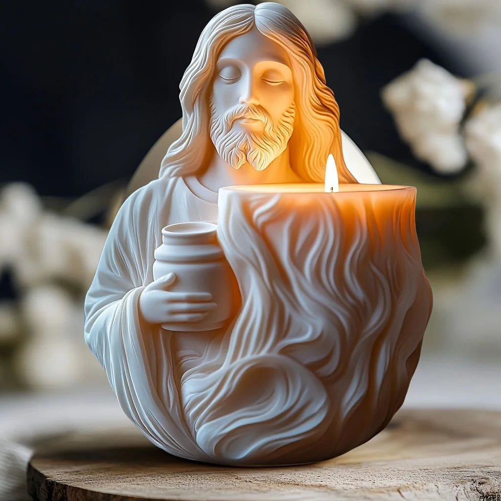 White Jesus candle holder and storage cup featuring a sculpted figure holding a jar and lit candle.