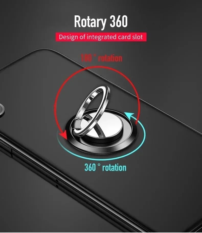 Silver metal 360-degree rotating phone ring holder mounted on a black smartphone.