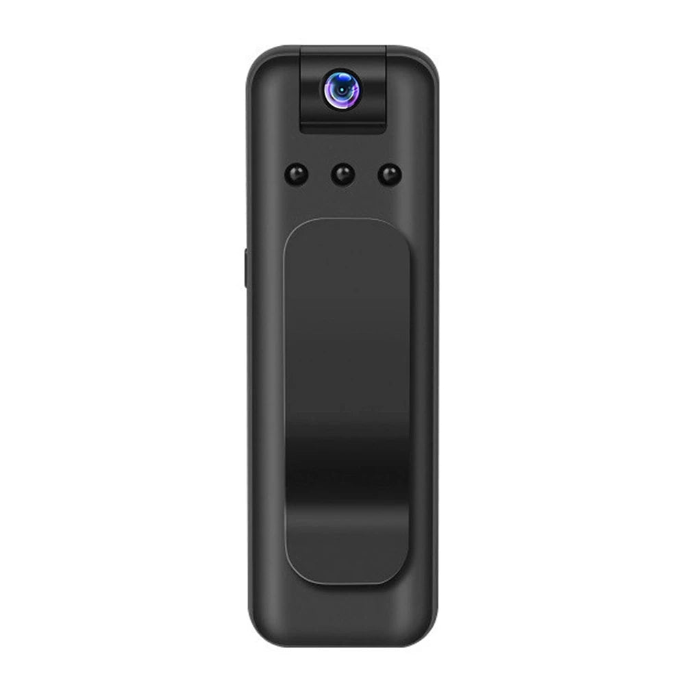 Black plastic portable mini body camera with a rotating lens, three control buttons, and a sturdy belt clip.