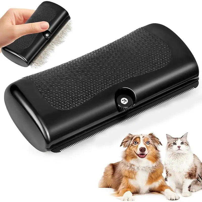 Black hand-held pet grooming brush with a textured grip, shown next to a dog and a cat on a white background.