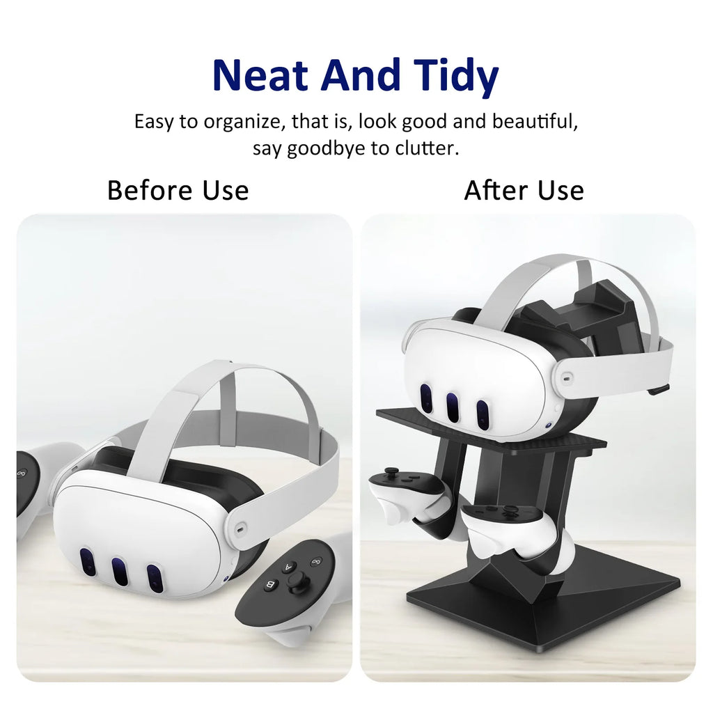 Black VR headset display stand and controller dock, keeping gaming gear organised and tidy.