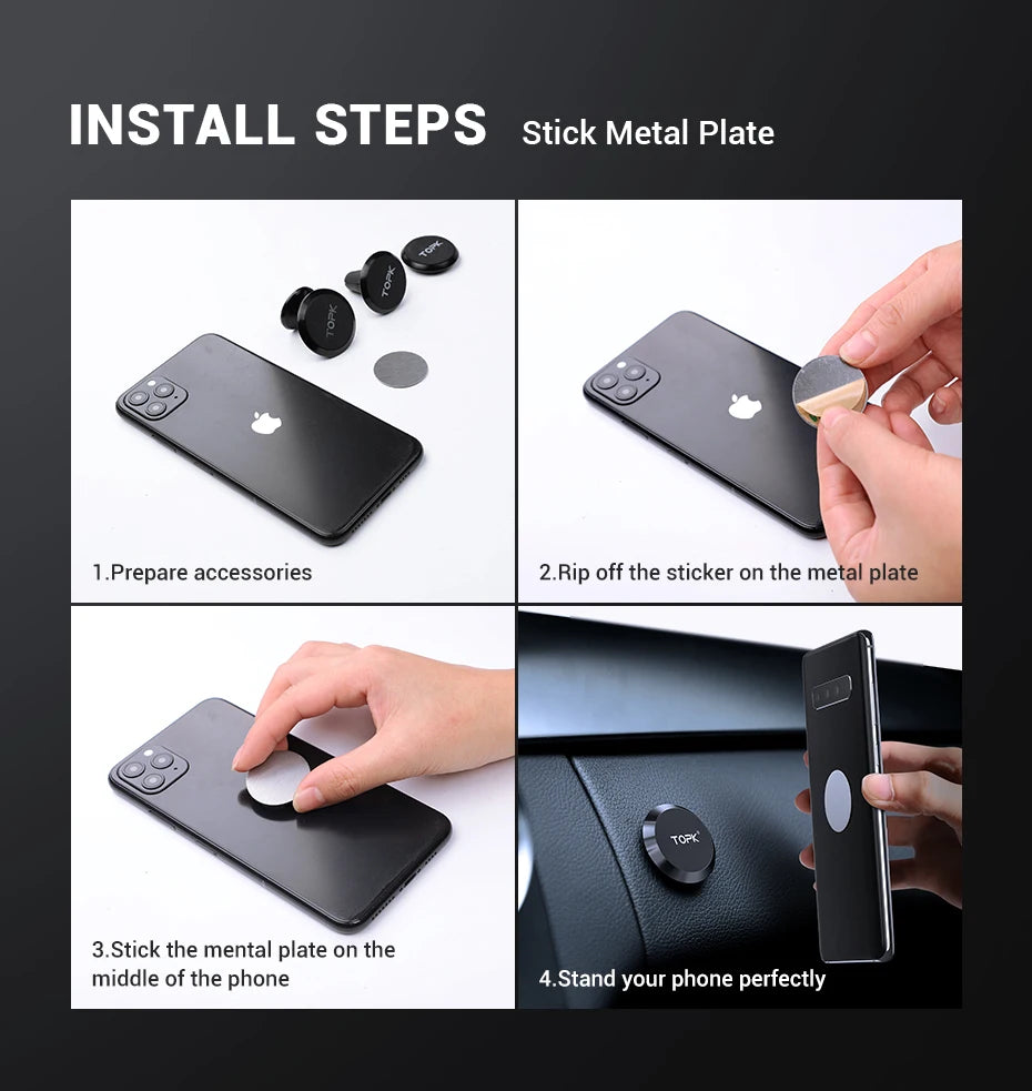 Four-step guide showing how to attach a small, round, black magnetic phone mount and metal adhesive plate to a phone.
