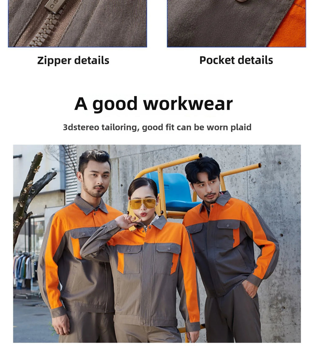 Three people wearing grey and orange workwear jackets with buttoned chest pockets and collared necklines.
