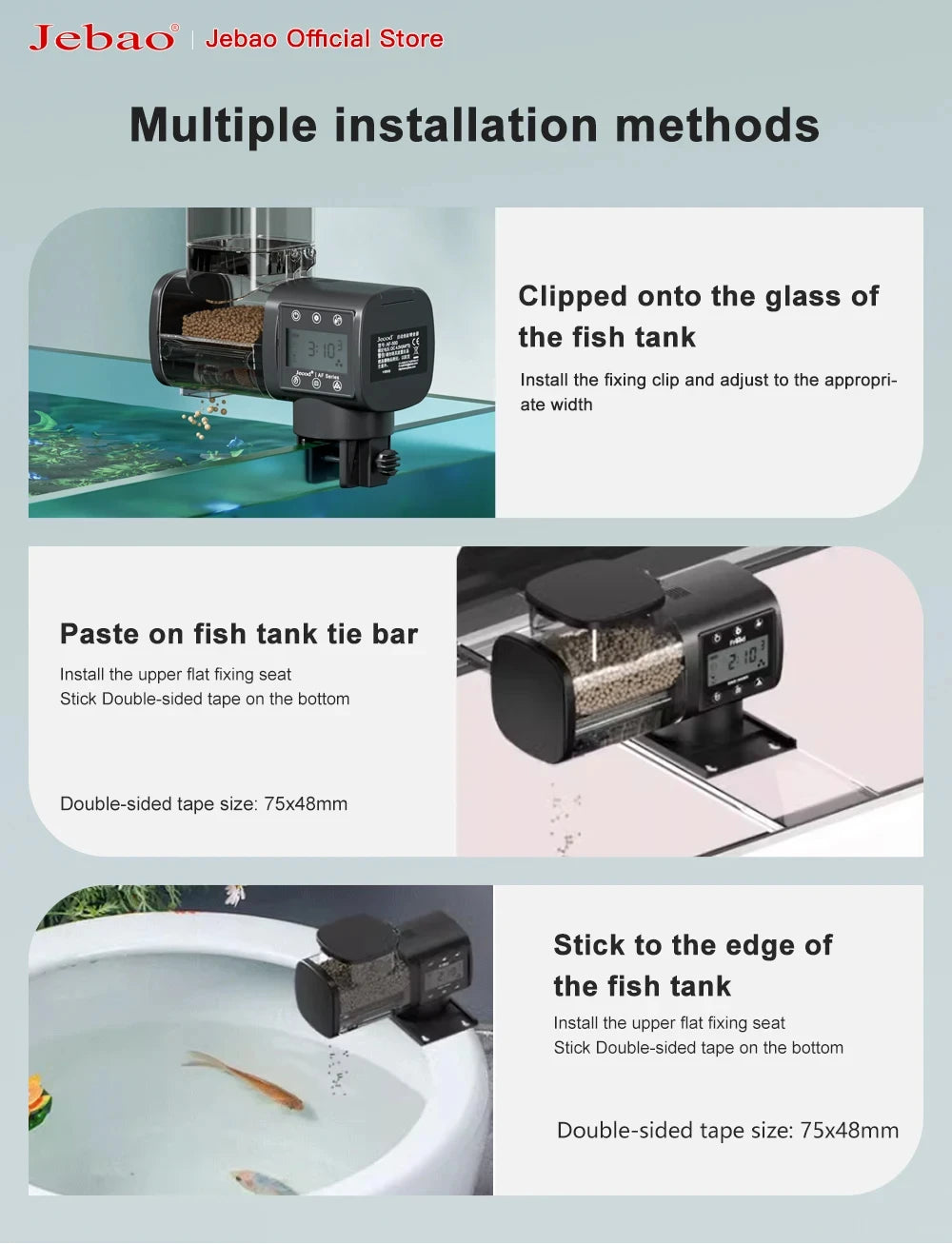 Black digital automatic fish tank feeder with a clear food container and multiple mounting options.