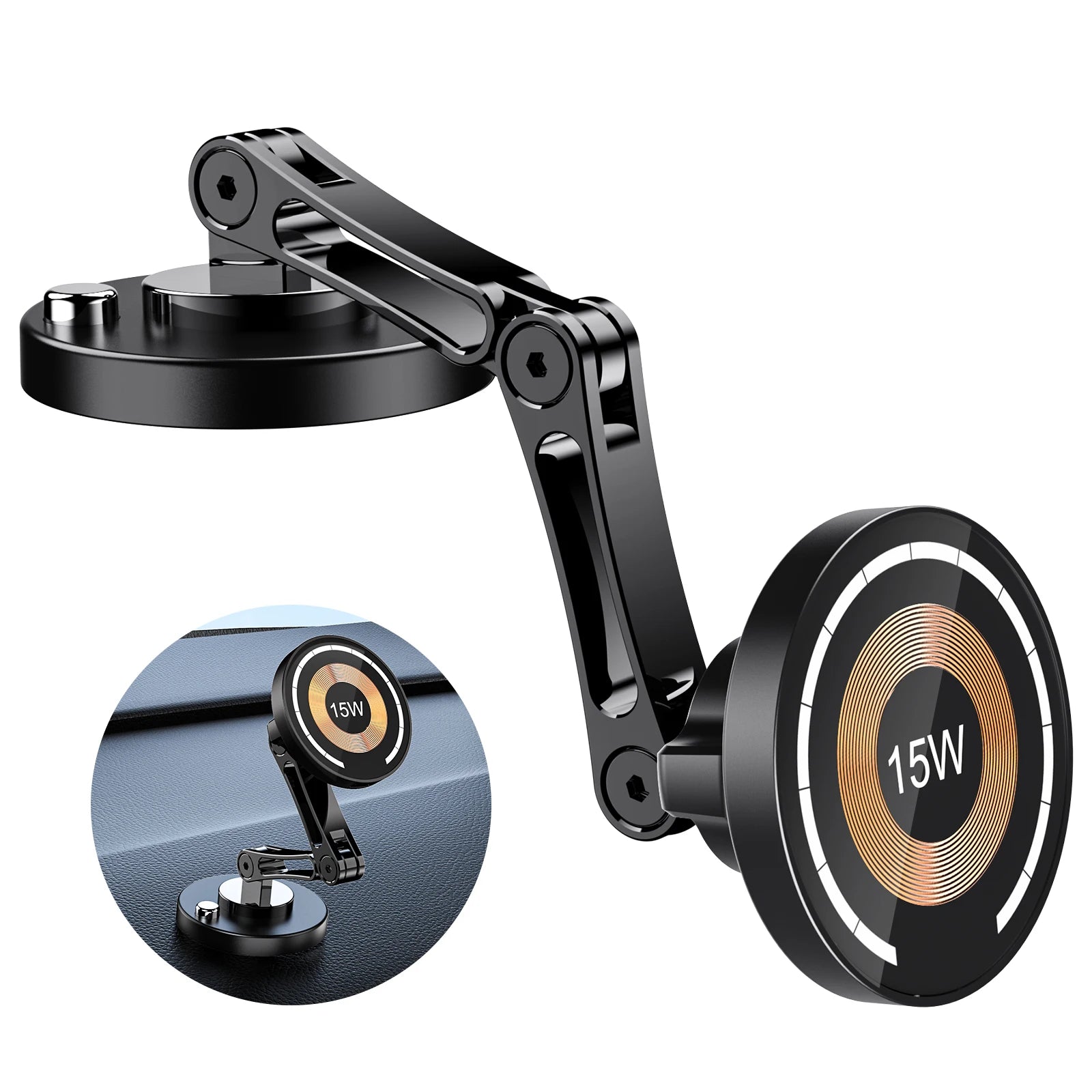 Black 15W wireless magnetic phone charger with an adjustable, foldable metal arm for car dashboard mounting.