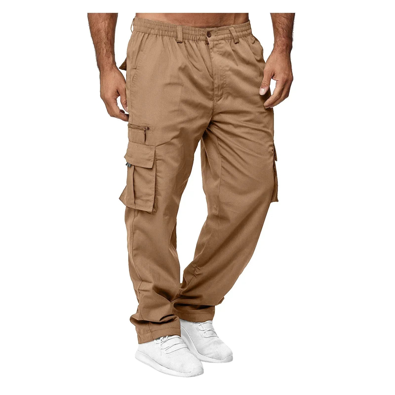 Men's tan casual workwear trousers with an elasticated waist and multiple side cargo pockets.