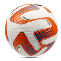 White football with vibrant orange, blue, and green geometric patterned panels on a white background.
