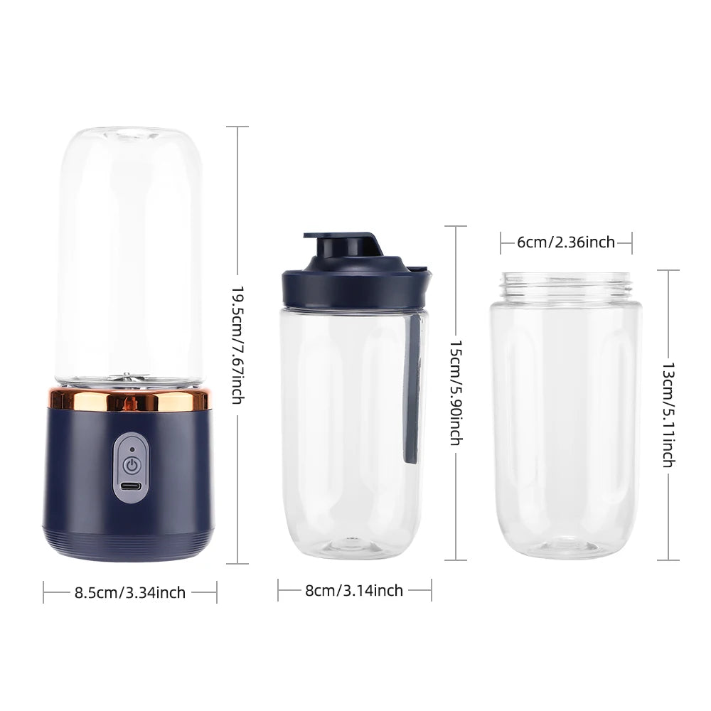 Portable dark blue and gold blender with clear cups, showing dimensions in cm and inches.