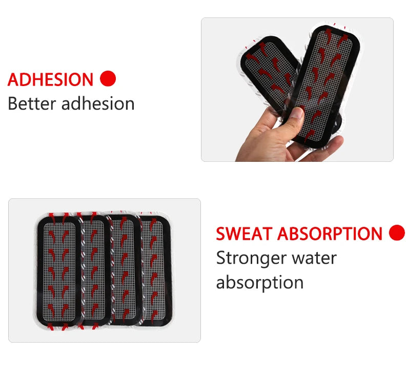 Rectangular black electrode replacement pads for fitness belts featuring a grid design and strong adhesive finish.