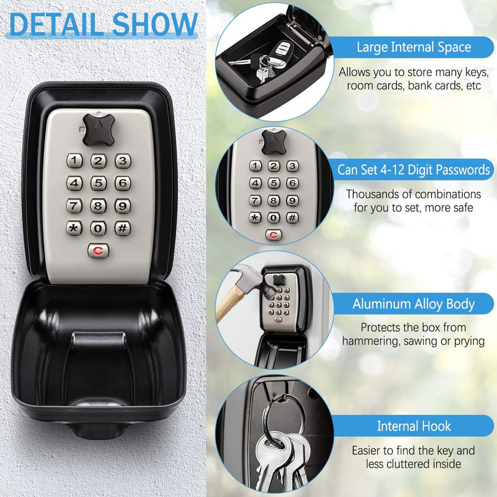 Black aluminum alloy wall-mounted key lock box with a digital push-button keypad and internal storage hook.