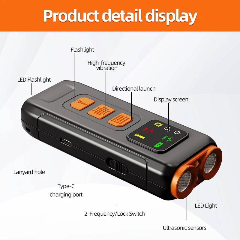 Black and orange rechargeable dog training device featuring ultrasonic sensors, LED light, display screen, and controls.