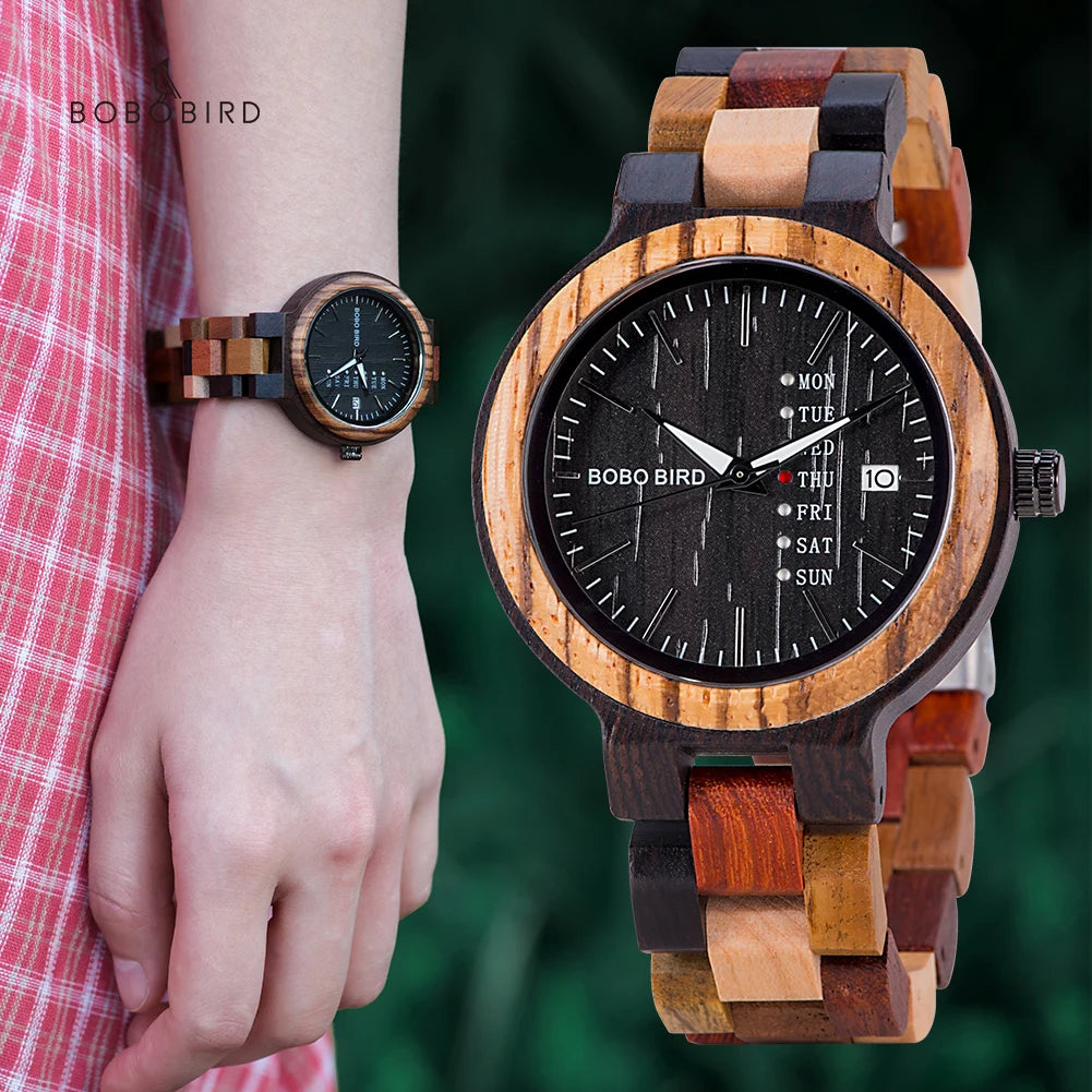 BOBO BIRD round wooden quartz watch with a black dial, day-date display, and multicolored wooden link bracelet.