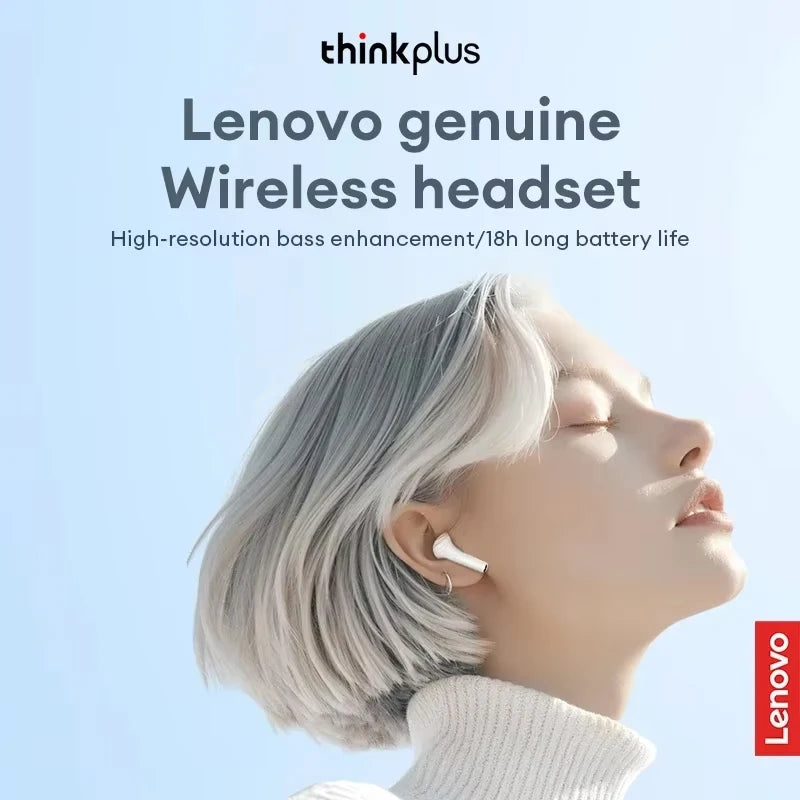 A person wearing sleek, white minimalist wireless earbuds against a light blue background.