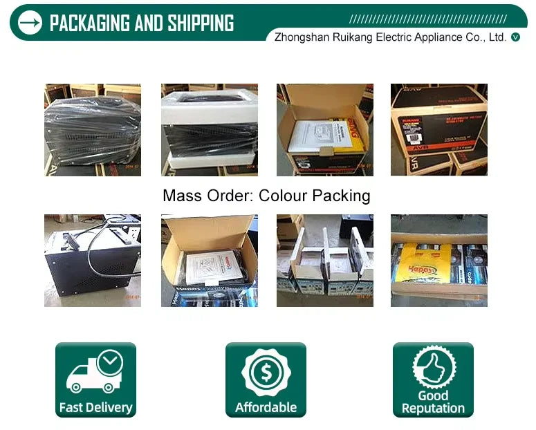 Grid of black metal automatic voltage regulators shown in various stages of cardboard box packaging for shipping.
