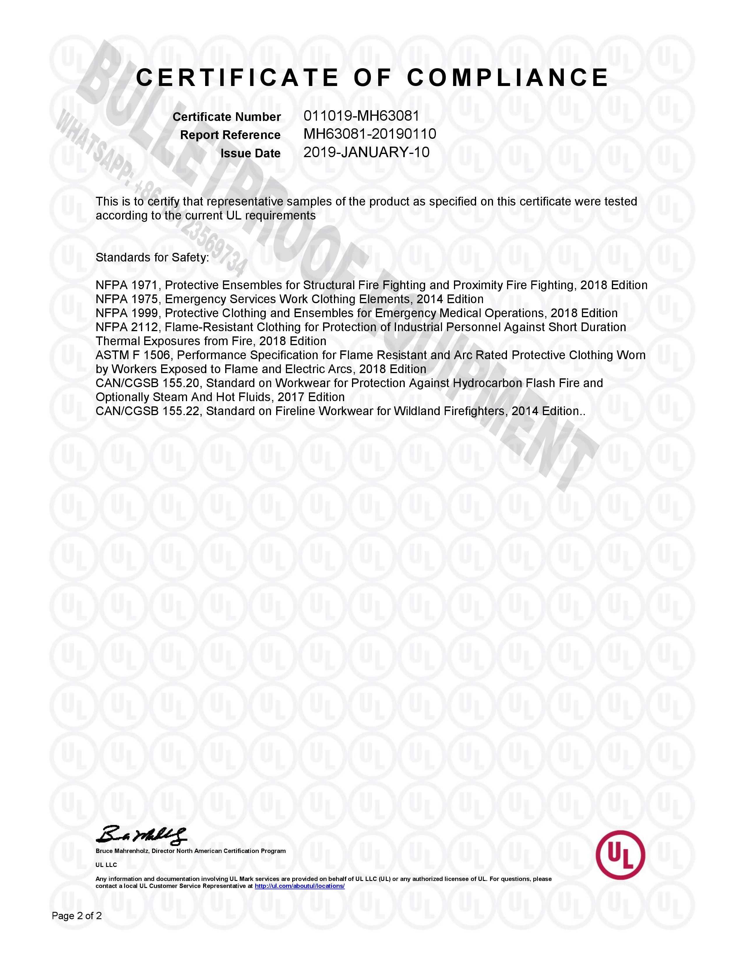 A white paper UL certificate of compliance document with black text detailing fire safety standards.