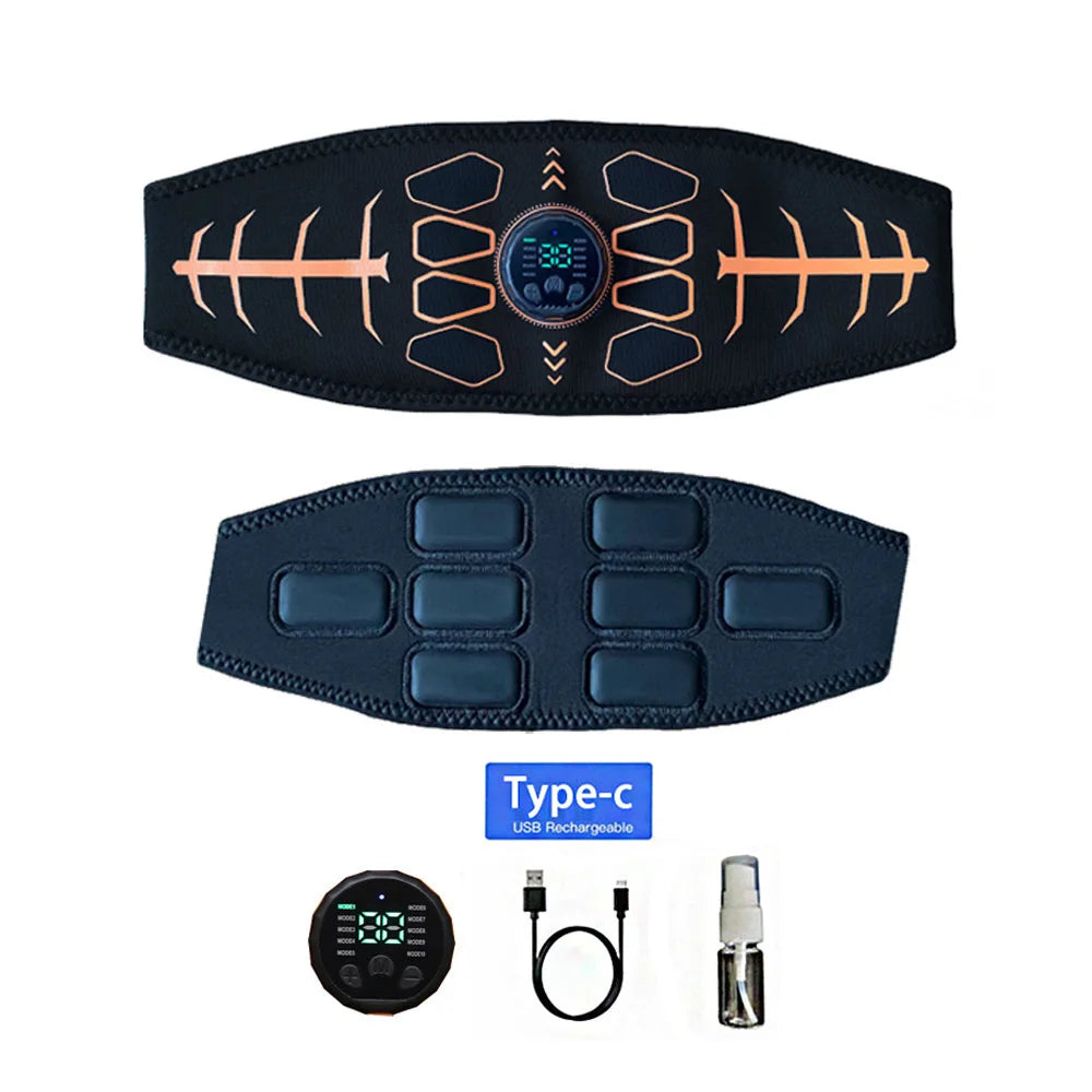 Black abdominal EMS toning belt with orange details, detachable control unit, USB-C charging cable, and spray bottle.