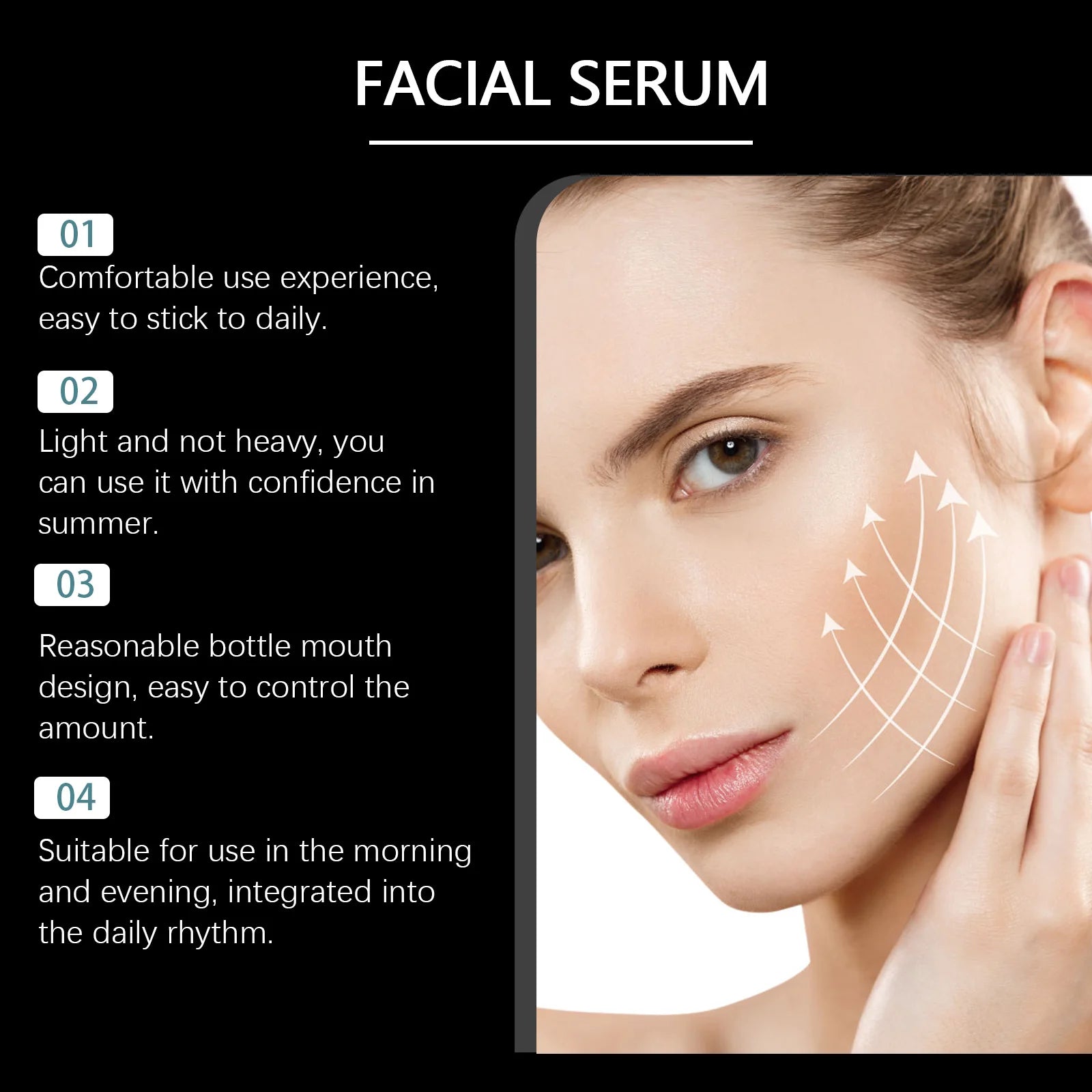 Facial serum benefits infographic showing a woman with glowing skin and directional arrows, highlighting lightweight use.