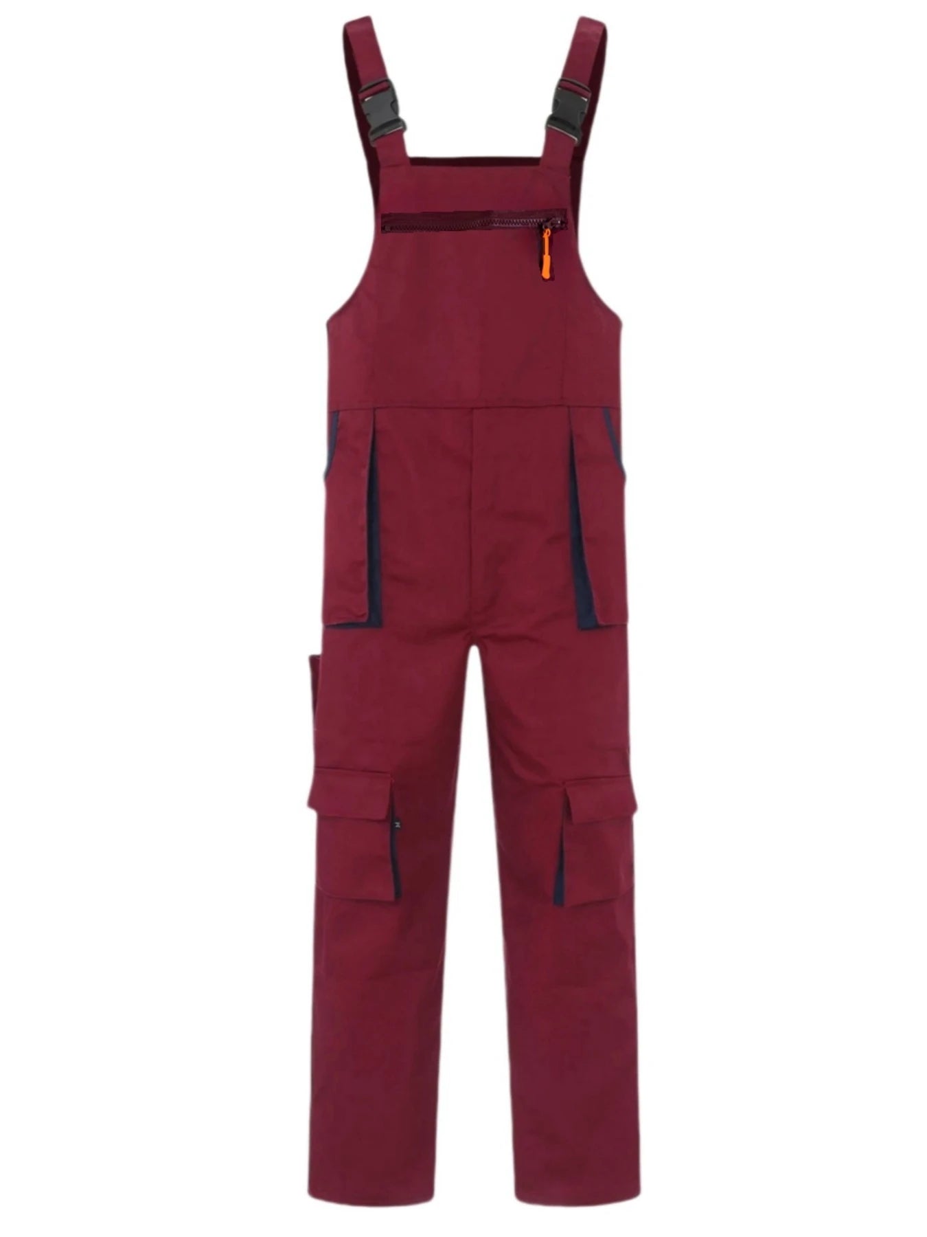 Durable burgundy workwear overalls featuring adjustable buckle straps, a zipped chest pocket, and multiple utility pockets.