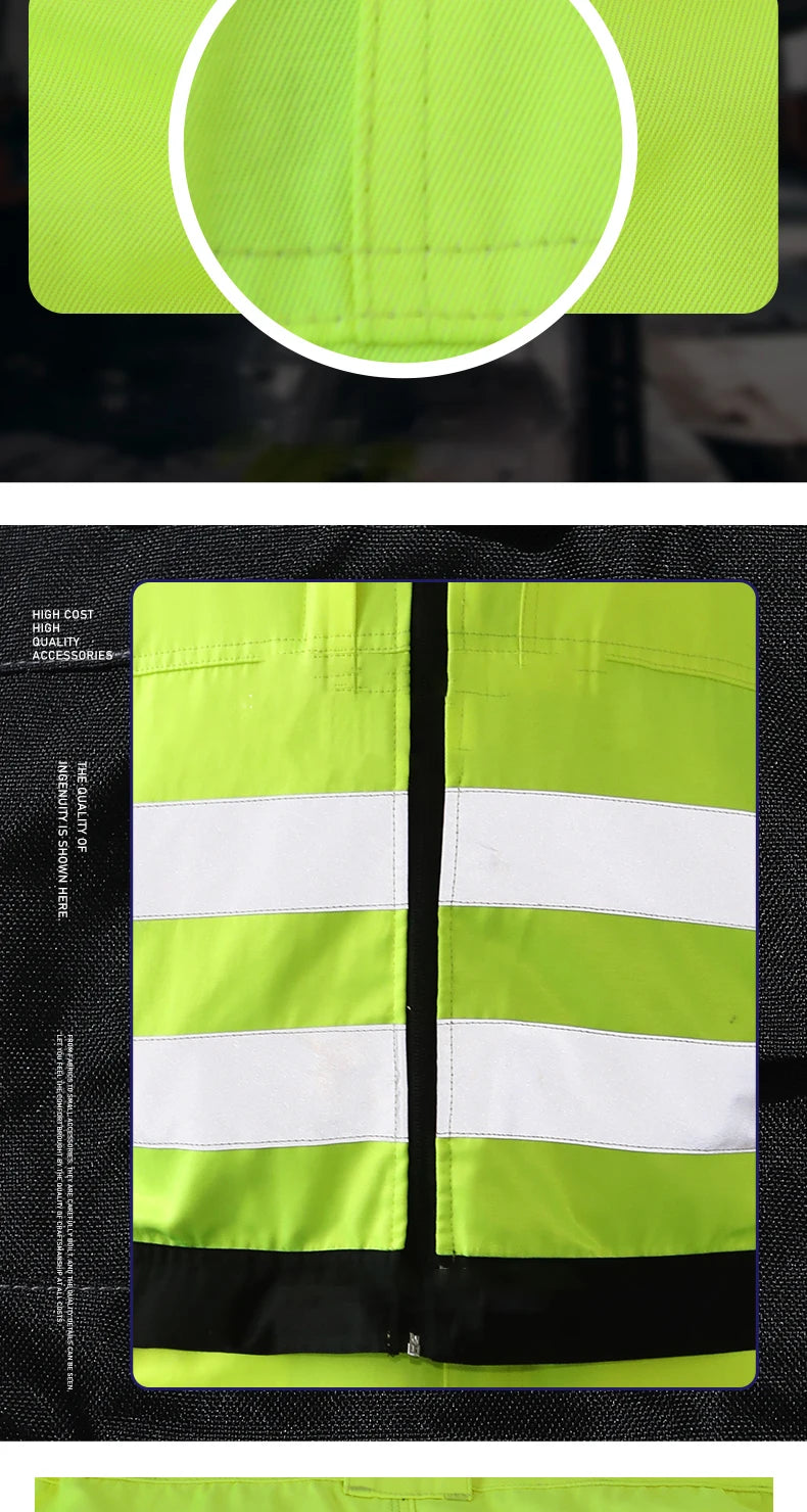 Neon yellow high-visibility safety vest made of nylon with reflective horizontal stripes and a black zipper closure.