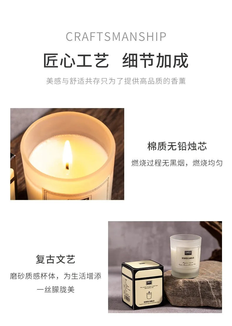 Frosted glass scented candle with a lead-free cotton wick, providing a clean, even burn in an elegant, modern design.