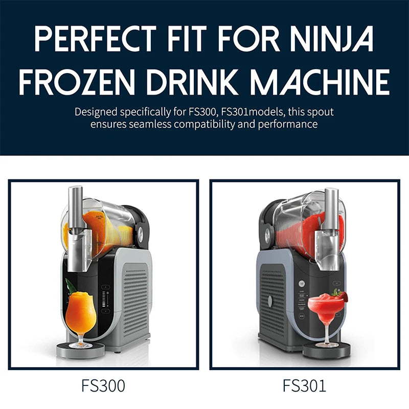 Two grey and black frozen drink machines showing a clear rotating auger dispenser and a glass of colourful slushie.