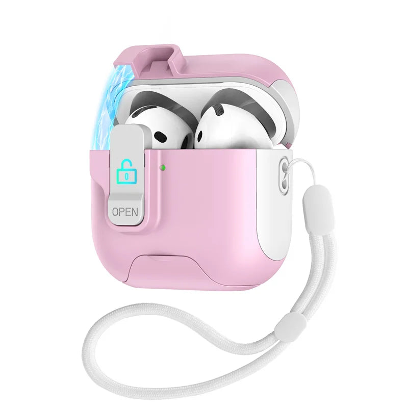 Pink silicone locking case for AirPods Pro with white carry strap.