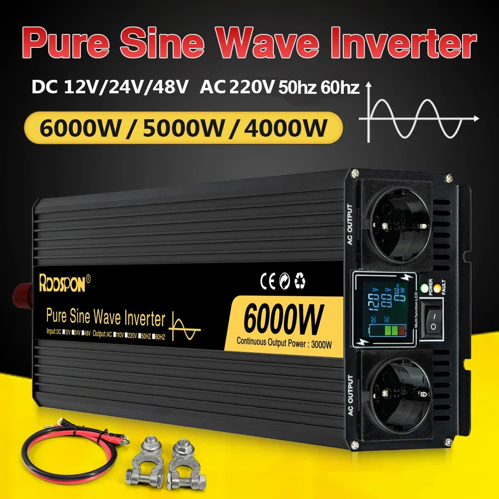 Black 6000W pure sine wave power inverter with two AC sockets, an LED display, and included battery connector cables.