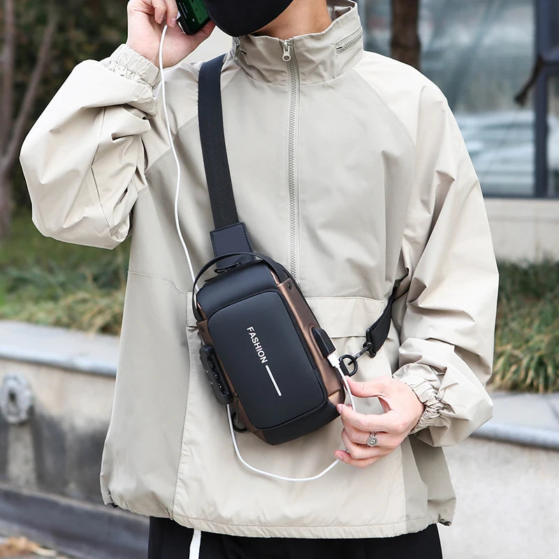 Black anti-theft crossbody chest bag with a built-in USB charging port and a secure lock mechanism.