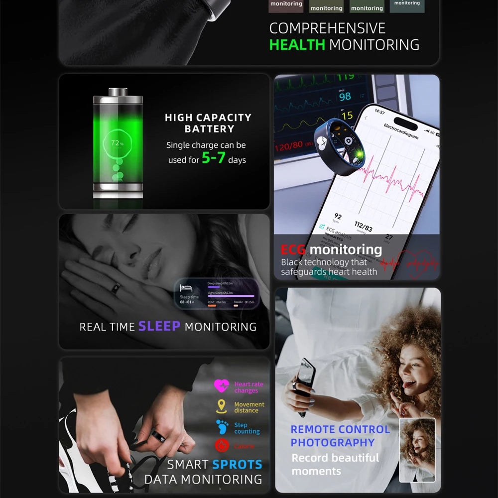 Sleek black intelligent smart ring featuring ECG, heart rate, sleep tracking, and remote camera control capabilities.