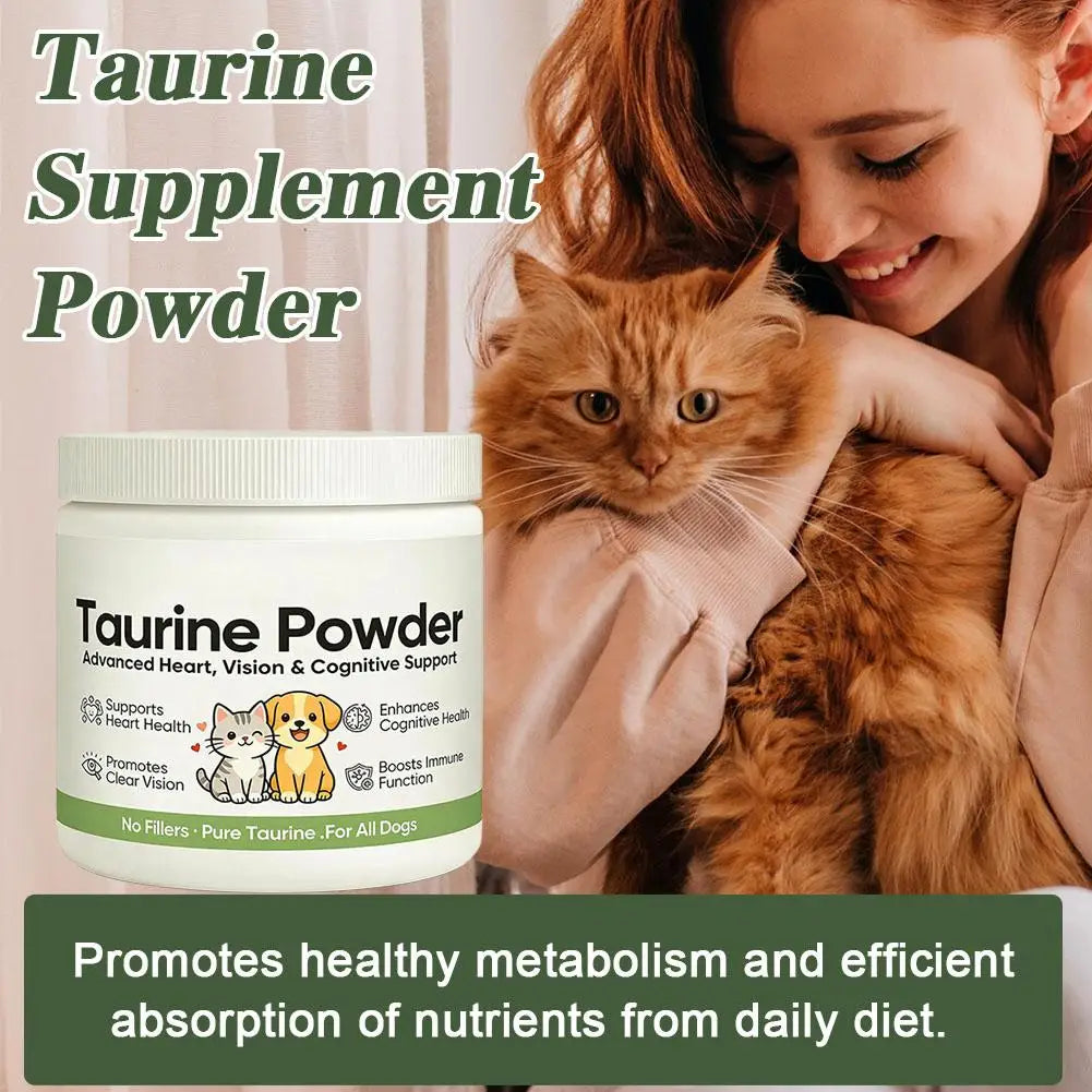 White tub of taurine supplement powder for dogs and cats, featuring illustrations and heart, vision, and immune support.