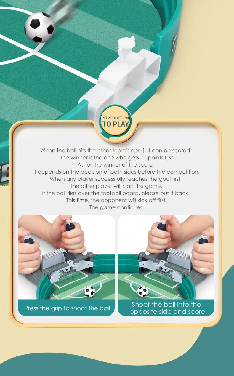 Tabletop football game in green and white, featuring handheld spring-loaded strikers for competitive two-player play.