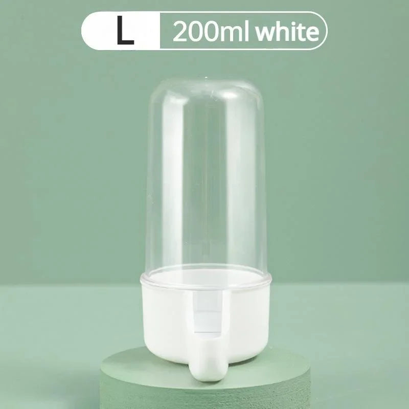 200ml clear plastic bird water feeder with a white base, designed for cage attachment.