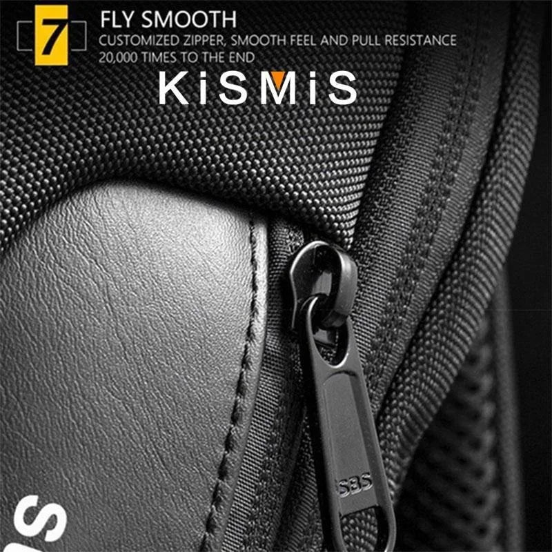 Close-up of a black, durable, waterproof crossbody bag featuring a smooth-gliding, reinforced metal zip.