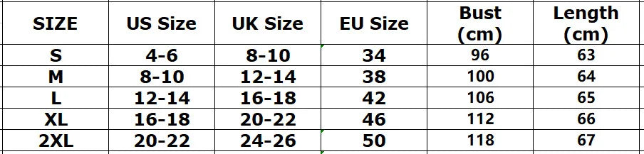 Size guide table showing US, UK, and EU size conversions alongside bust and length measurements in centimetres.