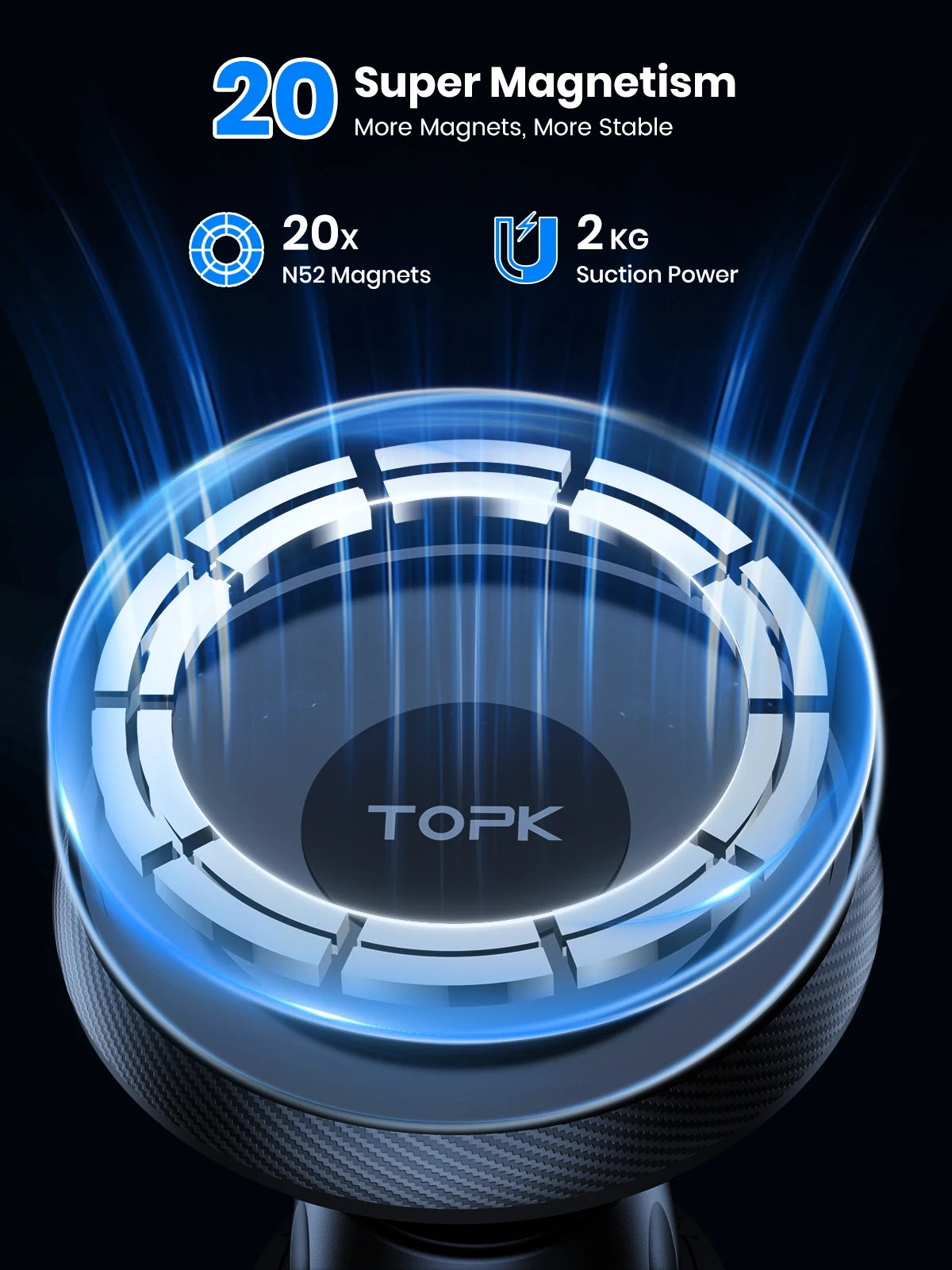 Round magnetic car phone mount with 20 silver magnets, glowing blue light effects, and a textured black base.