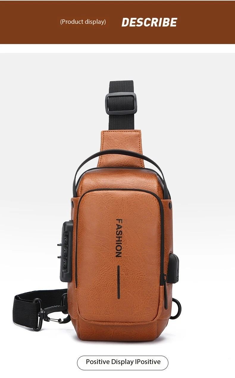 Tan faux-leather men's anti-theft crossbody sling bag with adjustable strap, integrated USB port and numeric lock.