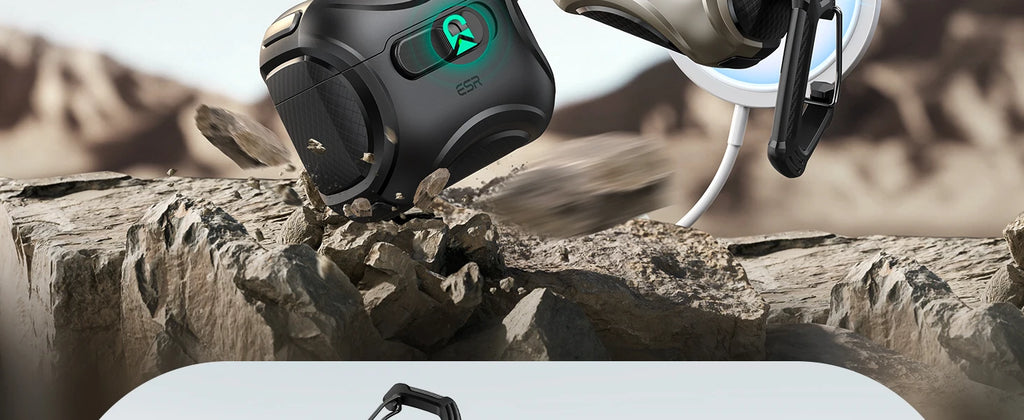 Rugged black ESR protective case for AirPods Pro, featuring a locking mechanism on a rocky background.