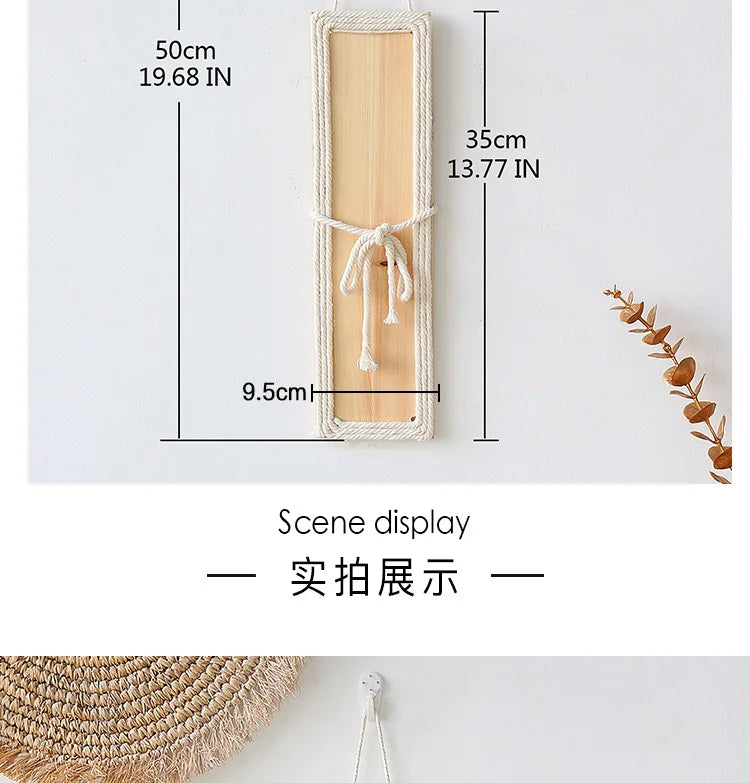 Bohemian wall decor featuring a rectangular light wood panel wrapped in cream rope with a central decorative tie.