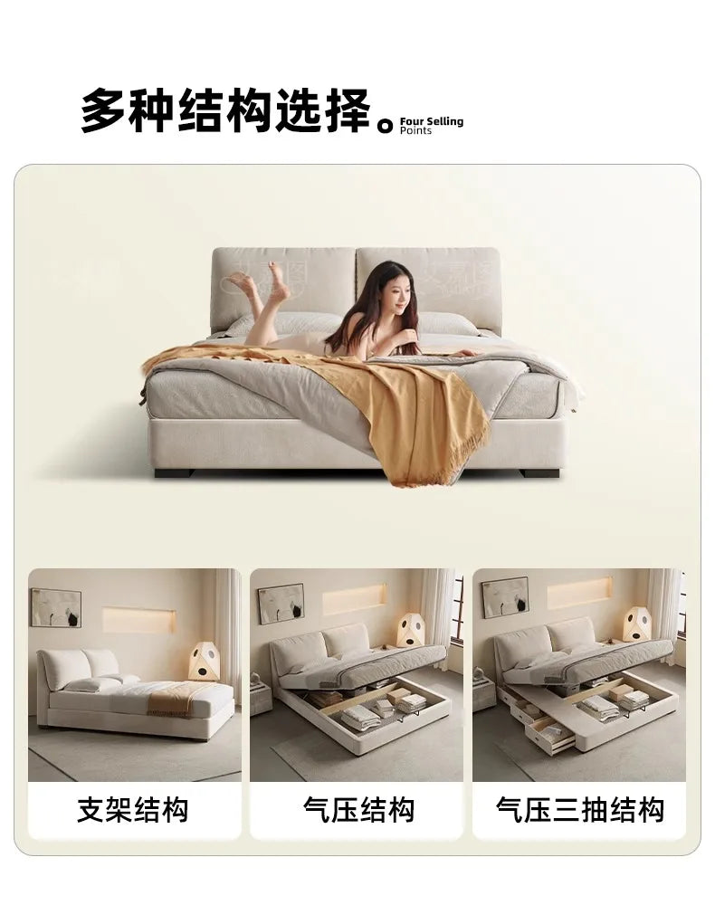 Modern 180x200cm cream storage bed with a padded headboard and various under-bed storage options.