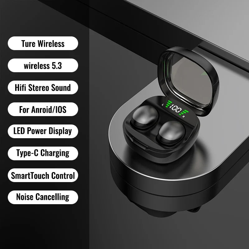 Black wireless earbuds in an open charging case with a digital LED battery display on a dark background.