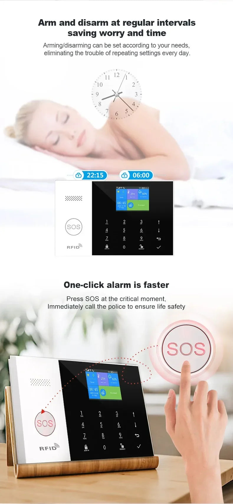 White and black wireless smart alarm console with touchscreen, numeric keypad, SOS button, and RFID functionality.