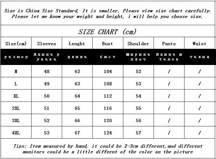 Size chart table with columns for sleeves, length, bust, and shoulder measurements in cm for sizes M to 4XL.