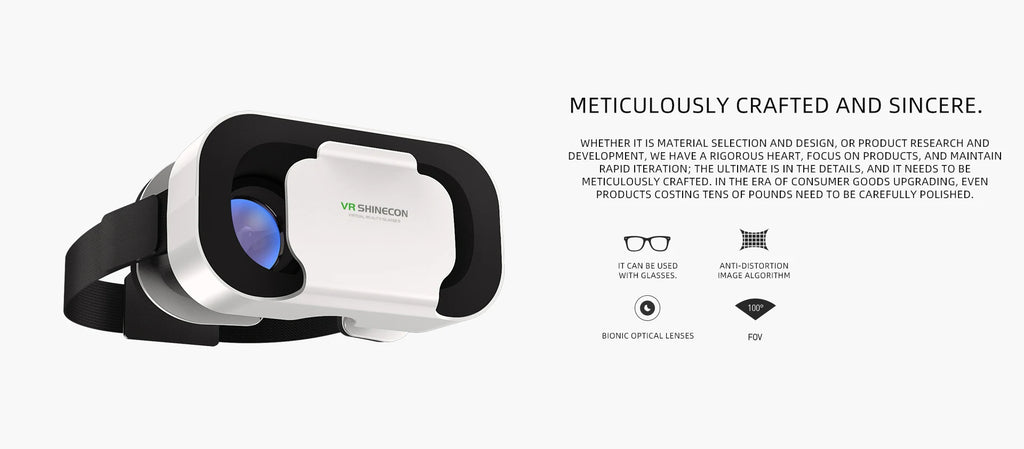 Sleek white and black smartphone VR headset with adjustable strap, bionic optical lenses, and 100-degree field of view.