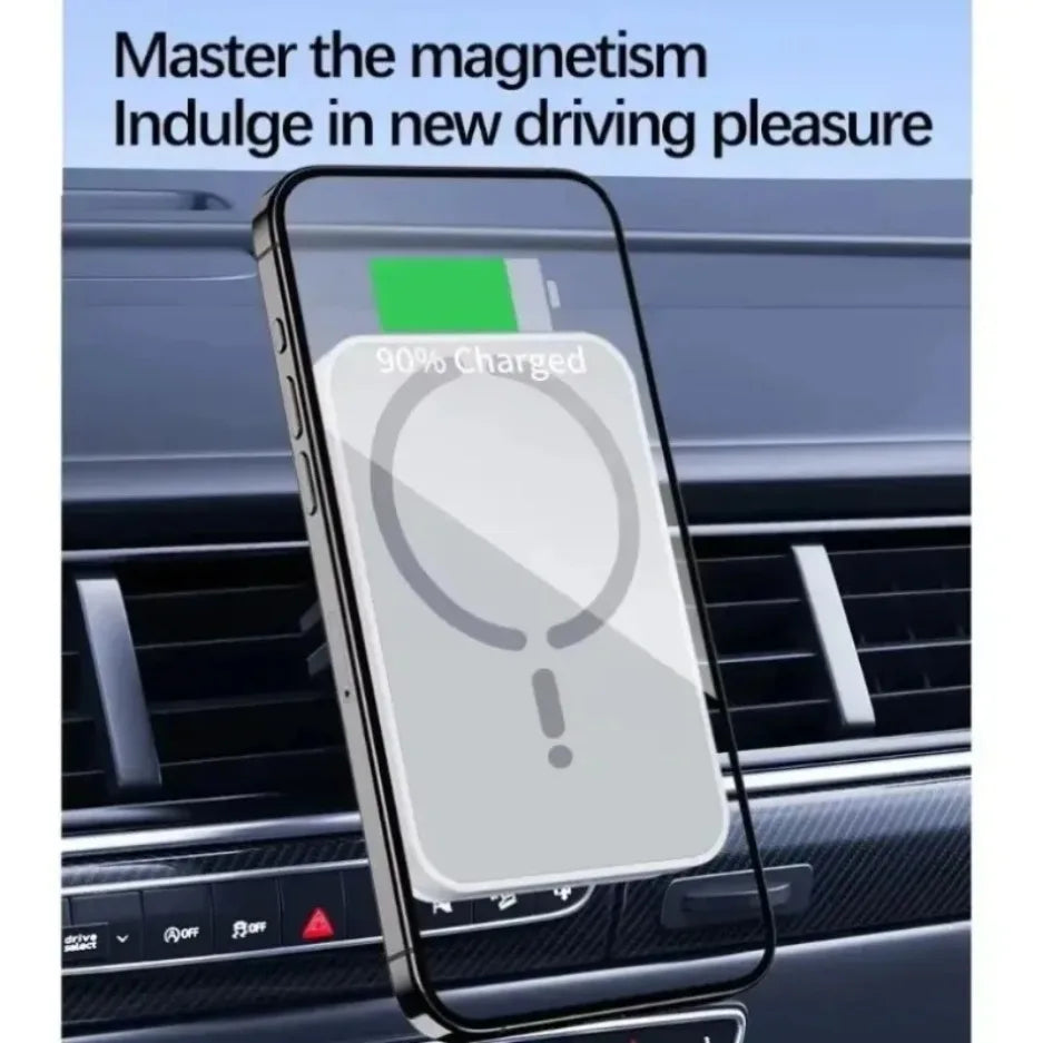 Magnetic car phone charger mounted on a vehicle air vent, showing a smartphone charging at 90 percent.