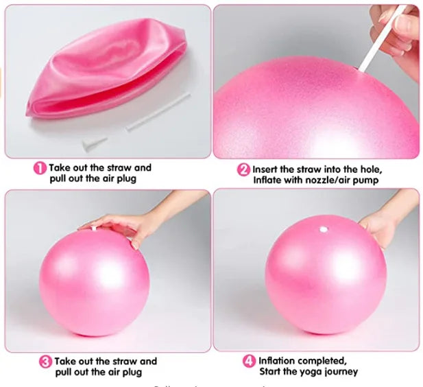 A 4-step instruction guide on how to inflate a pink yoga ball using a straw and air plug.