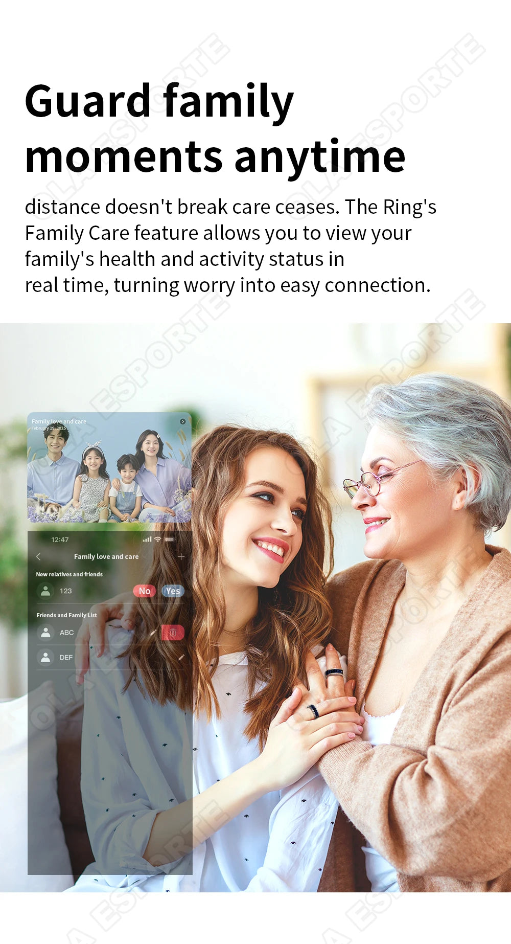 A sleek black smart ring worn by two women, showing a companion health and family connection app interface.