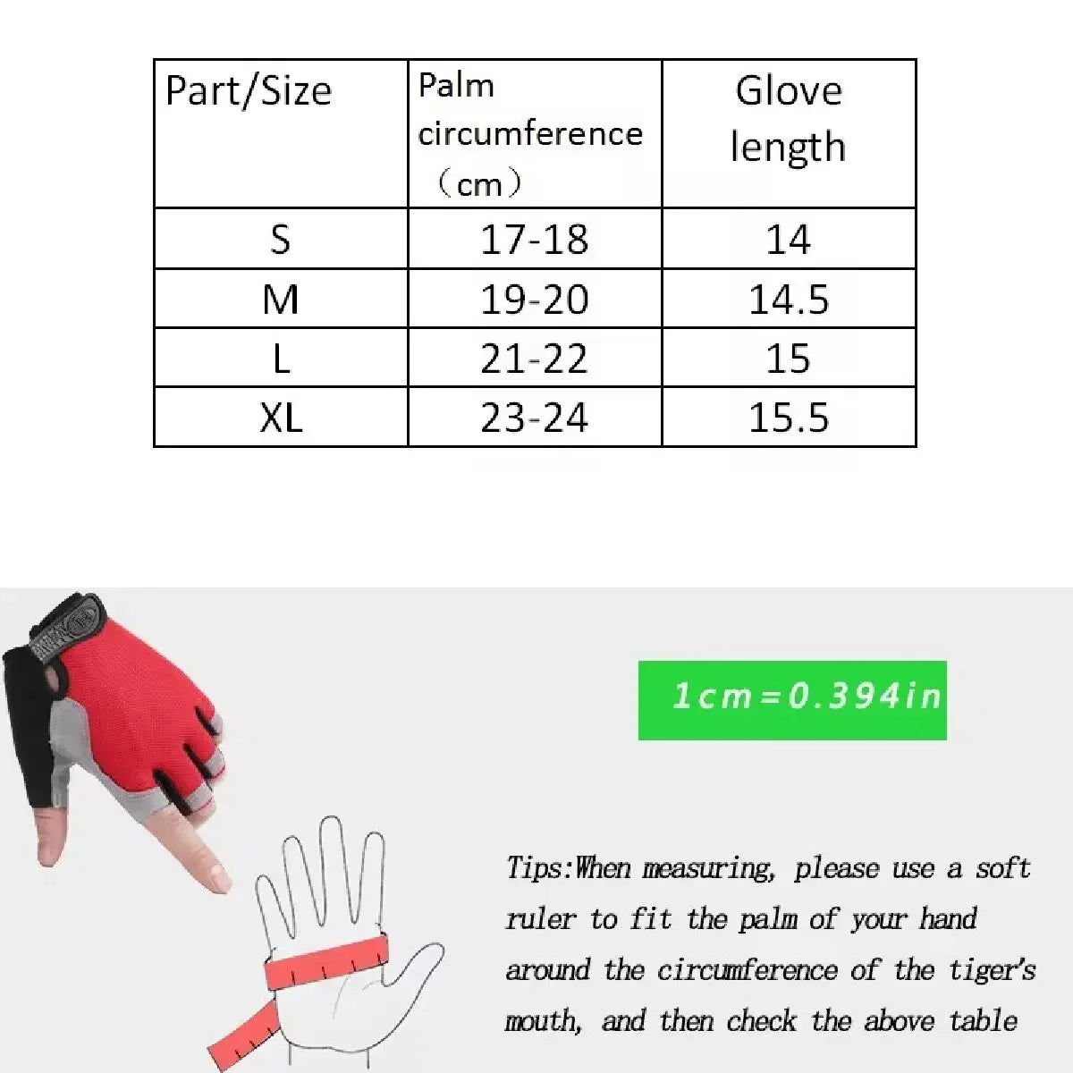 Size guide for red and grey fingerless cycling gloves, including a measurement chart and hand-sizing illustration.