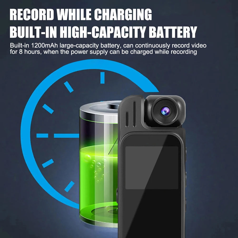 Black plastic portable video camera with built-in 1200mAh battery shown against a battery and clock graphic.