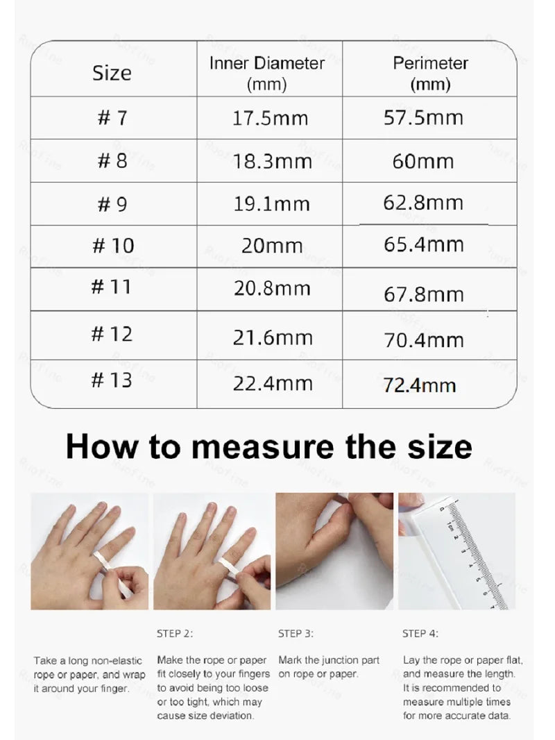Size guide for smart health tracking ring, showing a measurement chart and four steps to find your perfect fit.